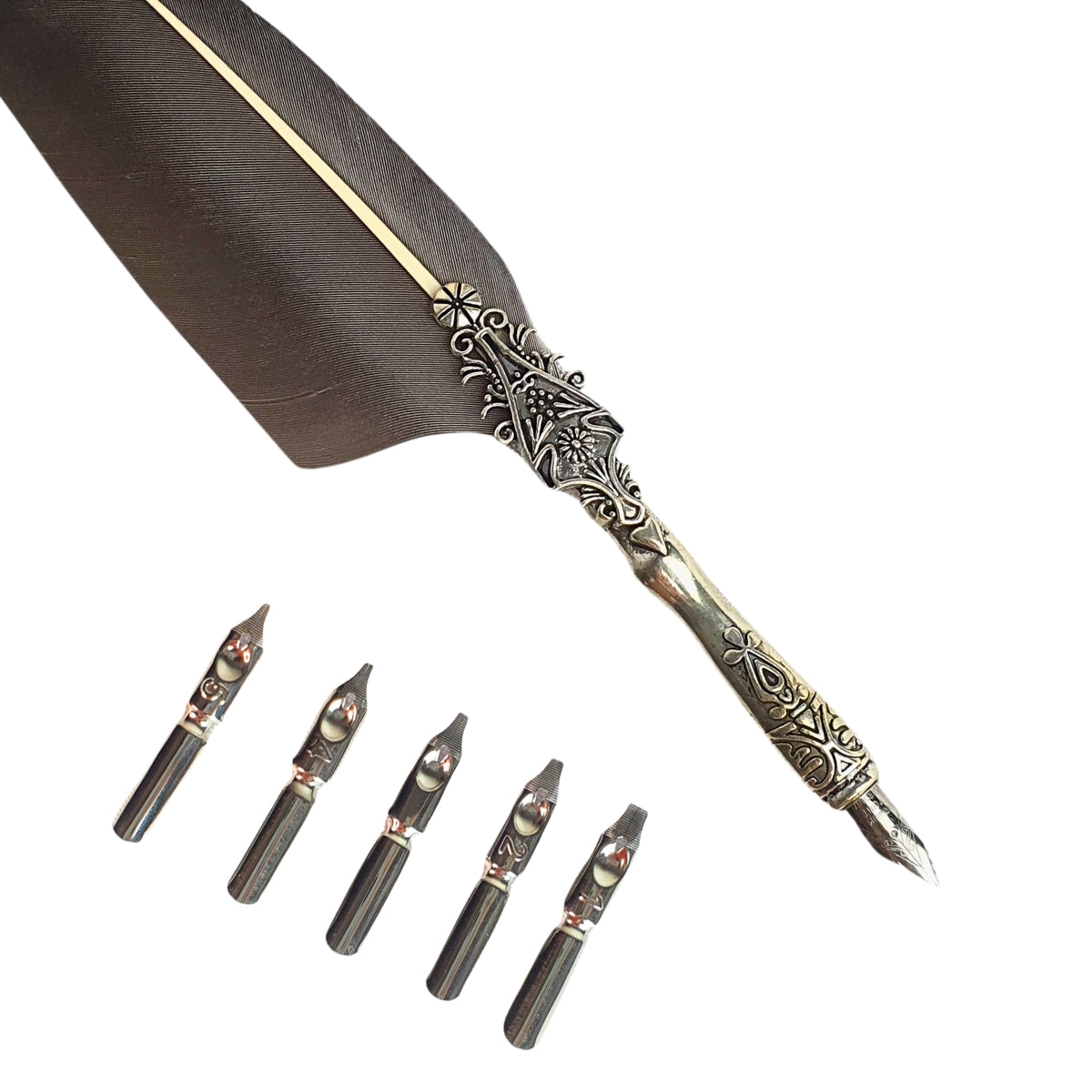 Caneta Tinteiro Antiga Pena Cinza Com 5 Pontas De Metal Caneta Tinteiro Antiga Pena Cinza Com 5 Pontas De Metal